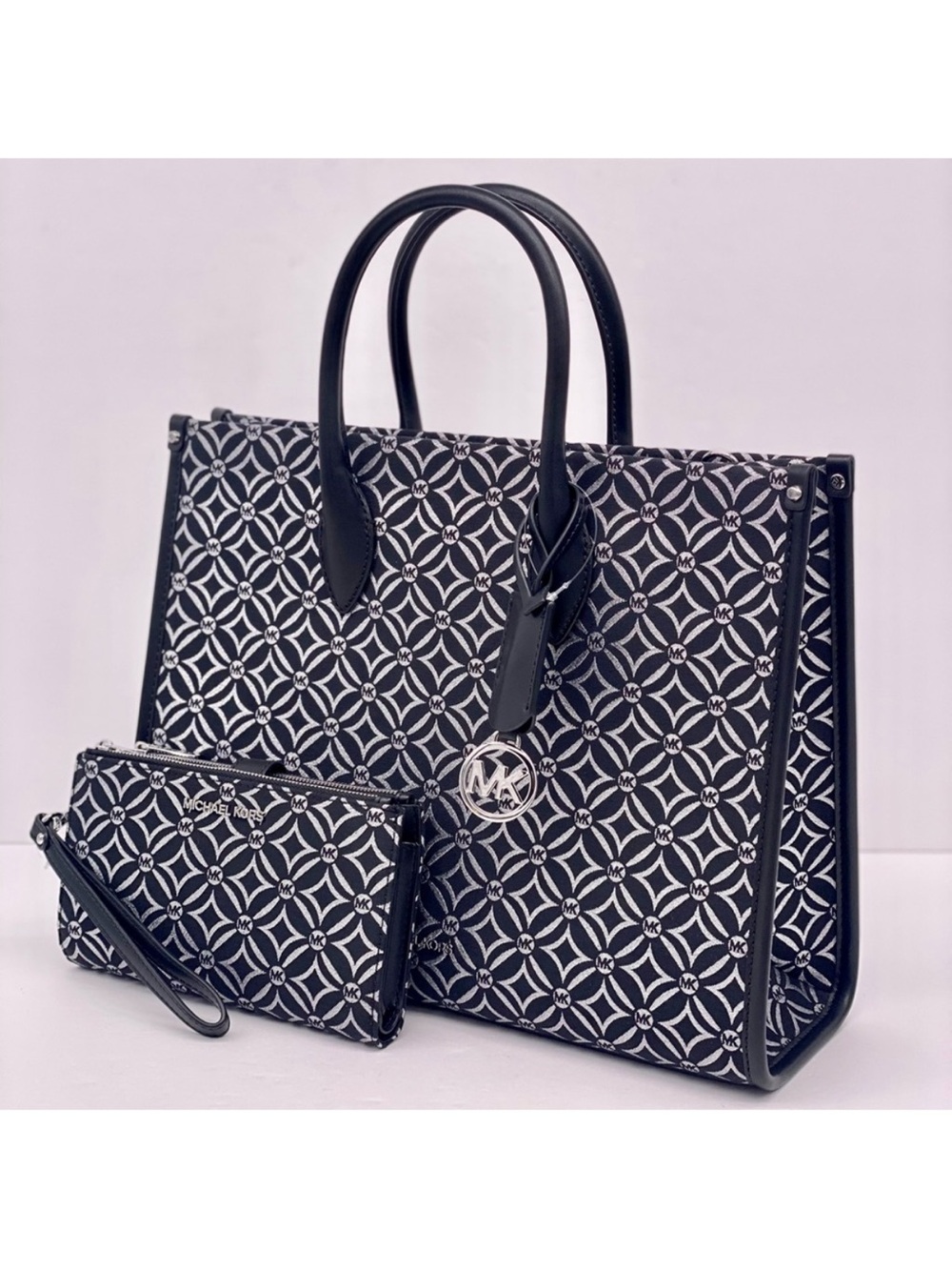 Michael Kors Mirella Medium Metallic Logo Jacquard Tote Bag and Wallet Set